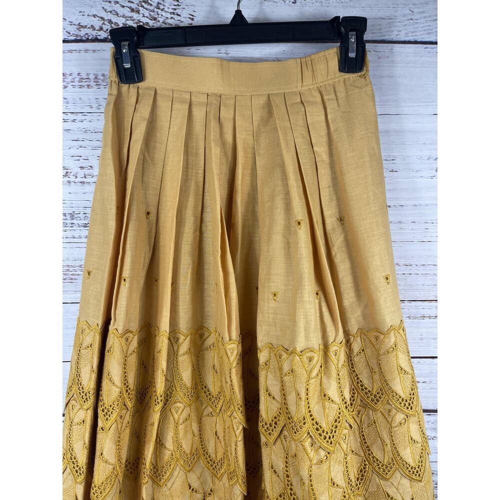 Think Sense Skirt Women's Size S Yellow Pleated Eyelet Lace Scalloped Hem Midi - Picture 2 of 8